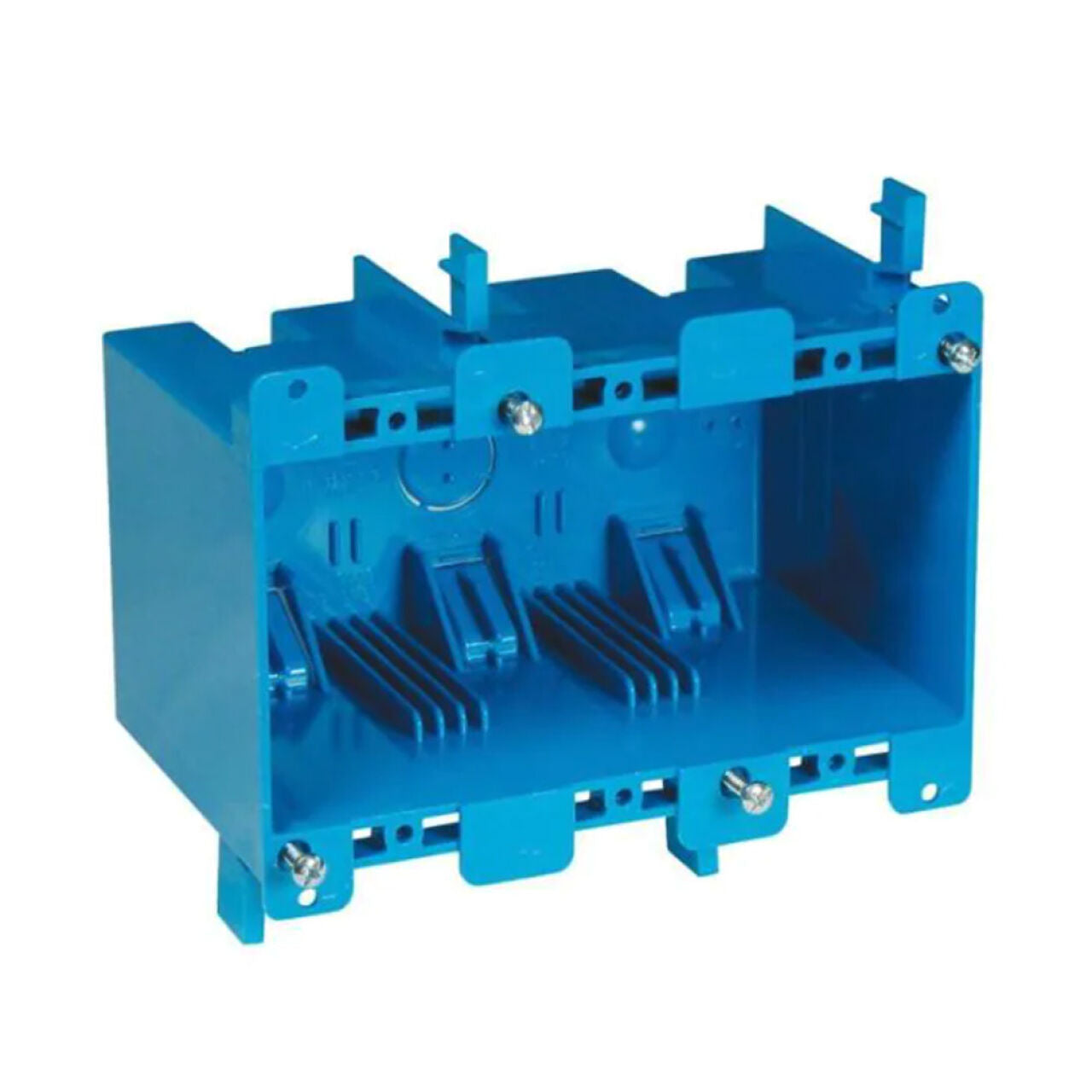 The Go Build 3-Gang 55 cu. in. PVC Old Work Electrical Box offers multiple slots and screw holes for easy wall mounting, designed to house electrical wiring and outlets.